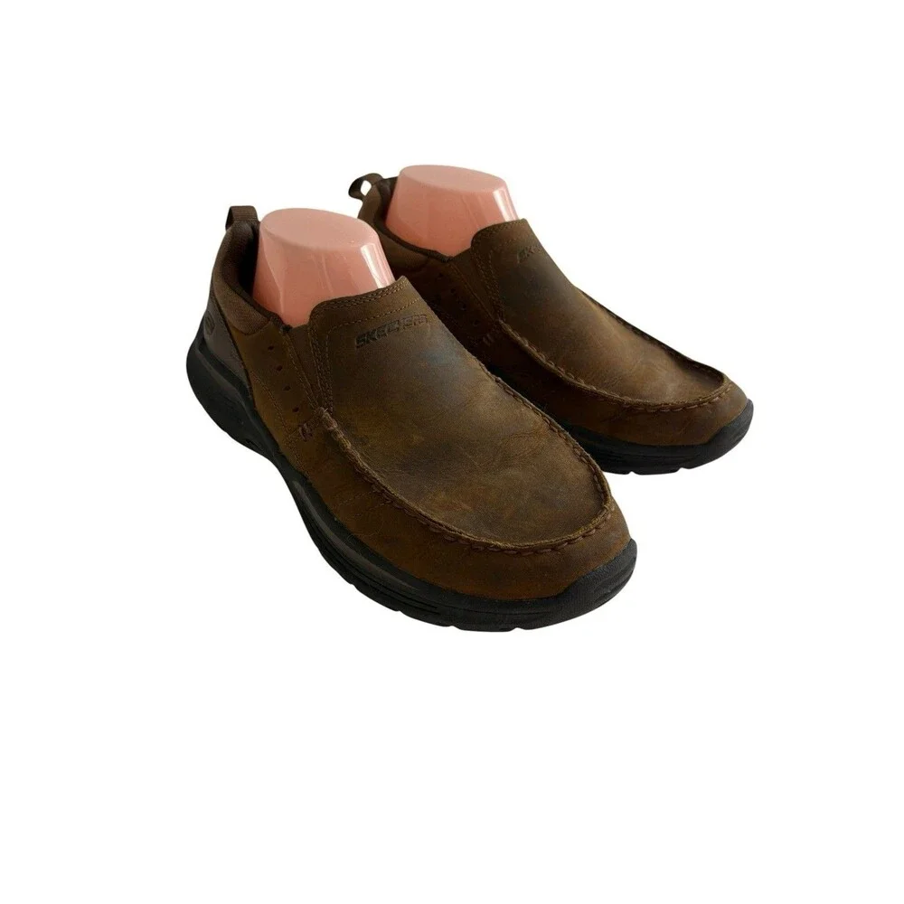 Skechers Seveno Shoe Men Size 9.5 Brown Leather Slip On Relaxed Fit Loafers